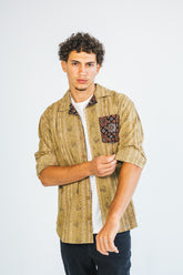 Men's Full-Sleeve Shirt - Brown Sanganeri and Ajrakh details