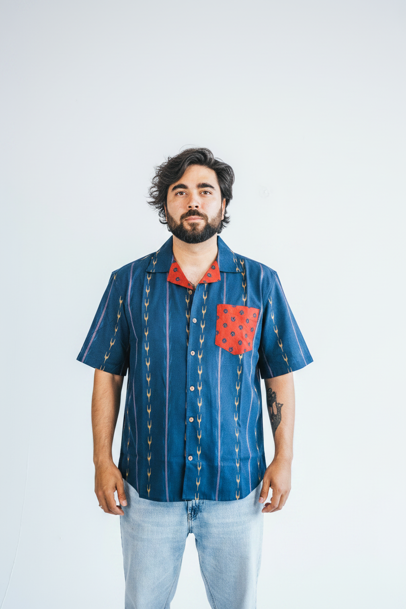 Men’s Camp Shirt in Blue - Red (Ajrakh) Pocket