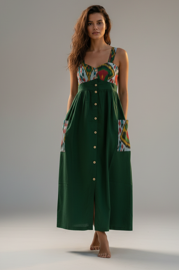 Robe longue Vert uni et Ikat